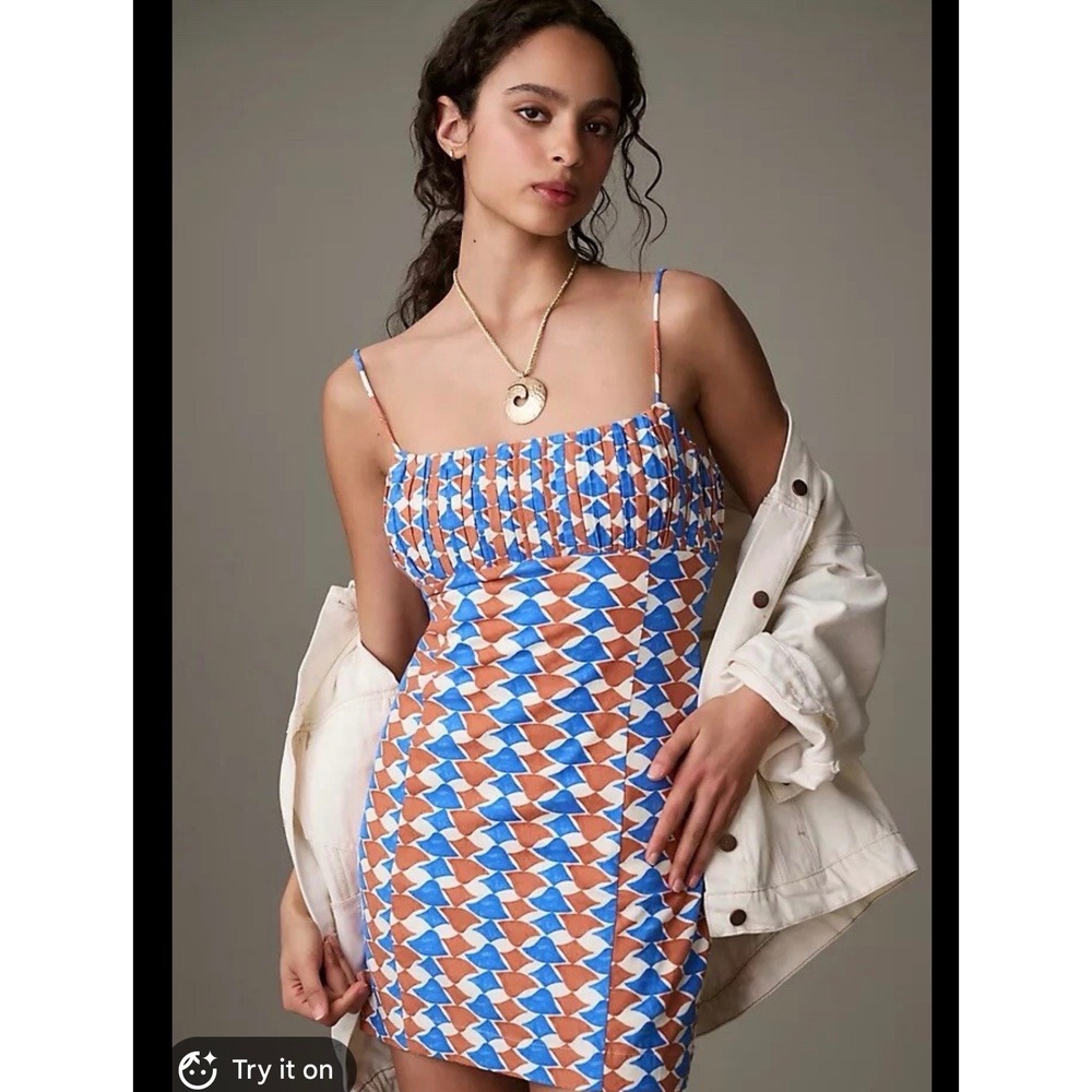 Maeve Anthropologie Ophelia Mini Dress Blue Orange Geometric Linen Blend Size 10 - Picture 2 of 11